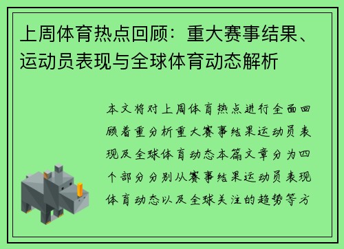 上周体育热点回顾：重大赛事结果、运动员表现与全球体育动态解析